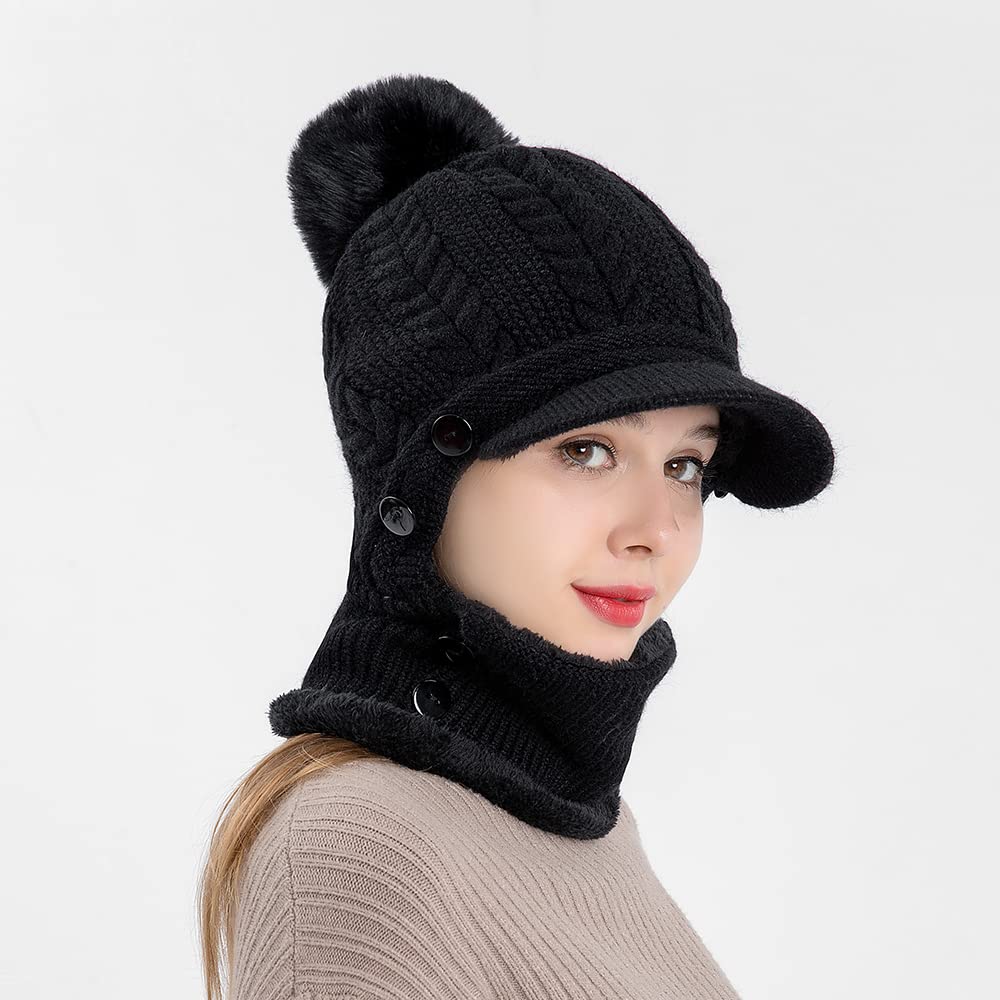 Winter Hats Warm Face Mask Cap One-Piece Scarf Mask Set Knitted Warm Bib Beanie Hat, Knitted Hat, Caps with Visor, Black