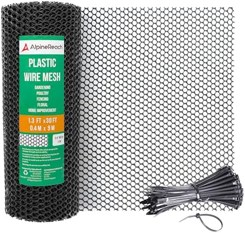 AlpineReach Plastic Wire Mesh 1.3ft x 30ft (15.7" x 360") Fence Roll with Zip Ties - Ideal for Poultry, Dogs, Rabbit Barrier & Gardening, Durable Chicken Mesh, Versatile Rigid Fencing & Netting, Black
