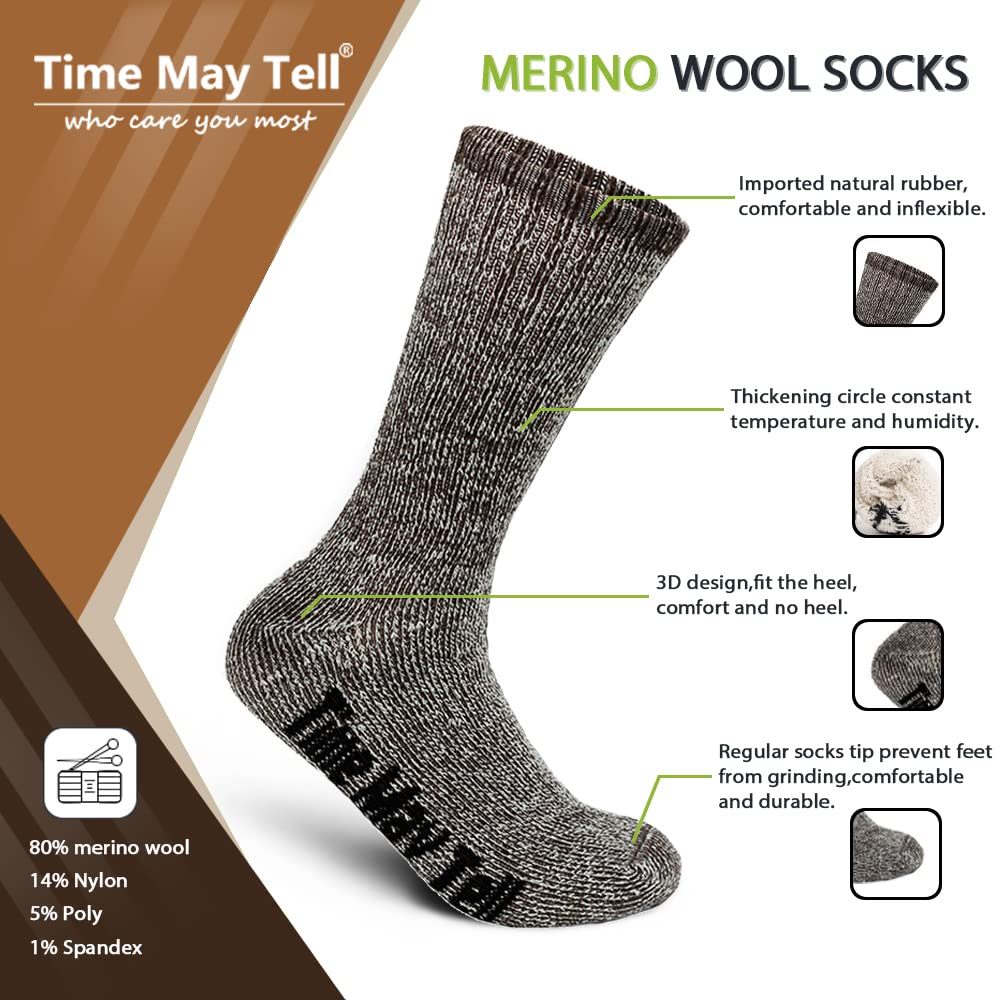 Time May Tell Mens Merino Wool Hiking Cushion Socks Thermal Warm Crew Winter Boot Socks Pack (2Brown,Light Grey,Dark Grey(4 pairs),US Size 9~13)