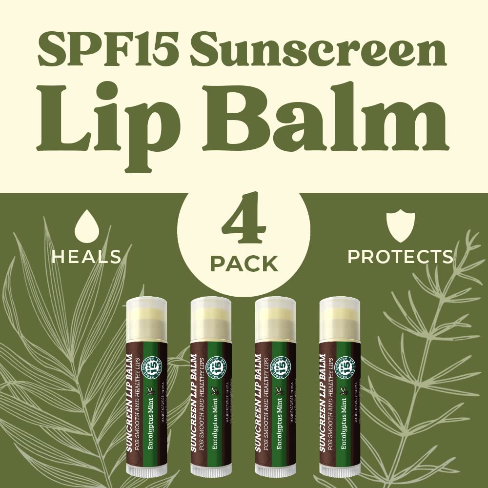 Earth's Daughter SPF Lip Balm Eucalyptus Mint 4-Pack - Lip Sunscreen, SPF 15, Organic Ingredients, Beeswax, Coconut Oil, Vitamin E - Hypoallergenic, Gluten Free