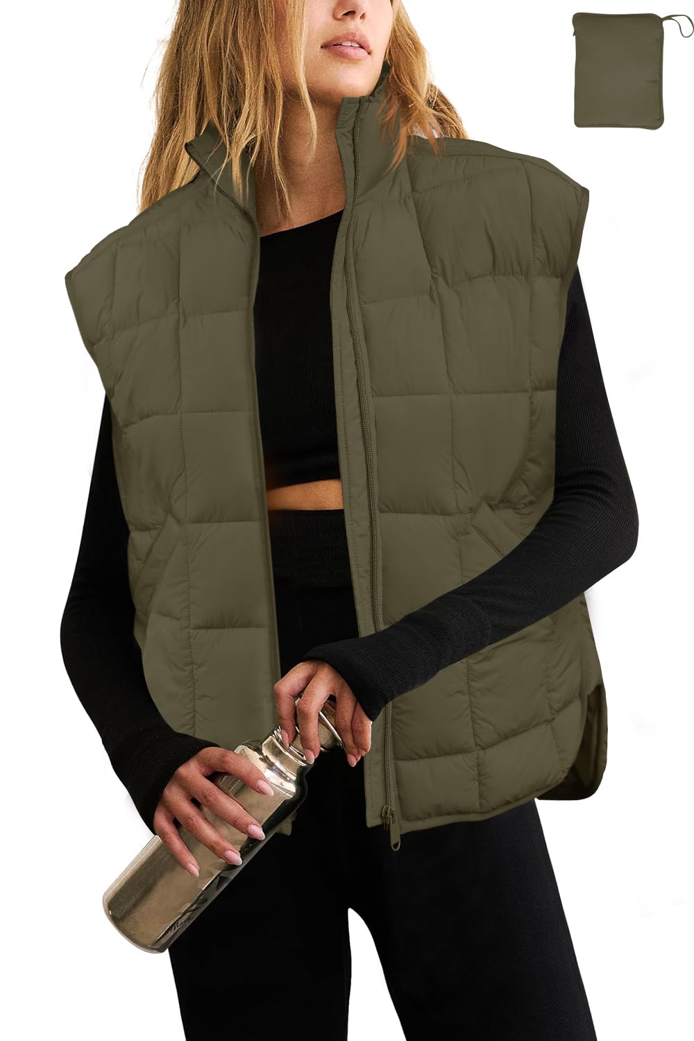 LAMISSCHE Womens Puffer Vest Winter Lightweight Quilted Jackets Sleeveless Zip Up Fall Outfits Puffy Running Coat(Army Green,XL)
