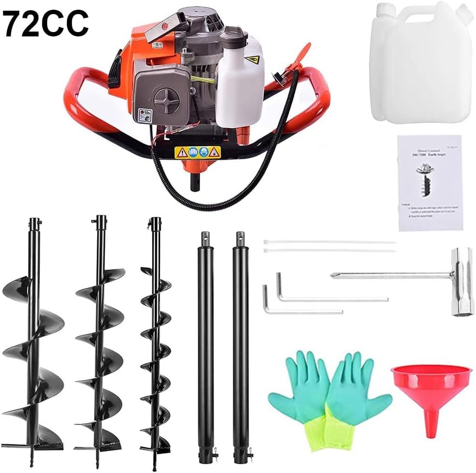 72cc Post Hole Digger 2-Stroke Petrol Gas Powered Earth Digger with 2 Extension Rods + 3 Auger Drill Bits (4" 8" & 12") for Farm Garden Plant