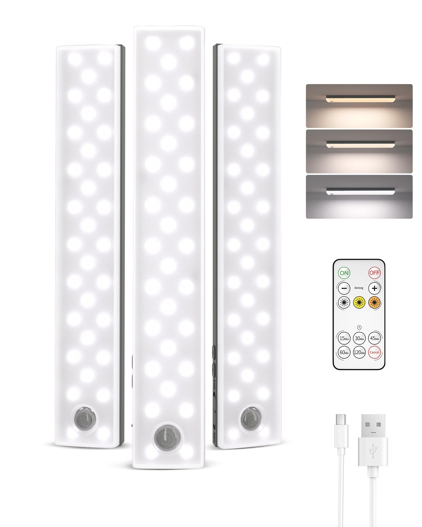 EZVALO 62 LEDs Under Cabinet Lighting, 2000mAh LED Closet Lights with Remote 3 Color Temps, Rechargeable Motion Sensor Lights Indoor Battery Operated, Wireless Under Counter Lights for Kitchen 3 Pack