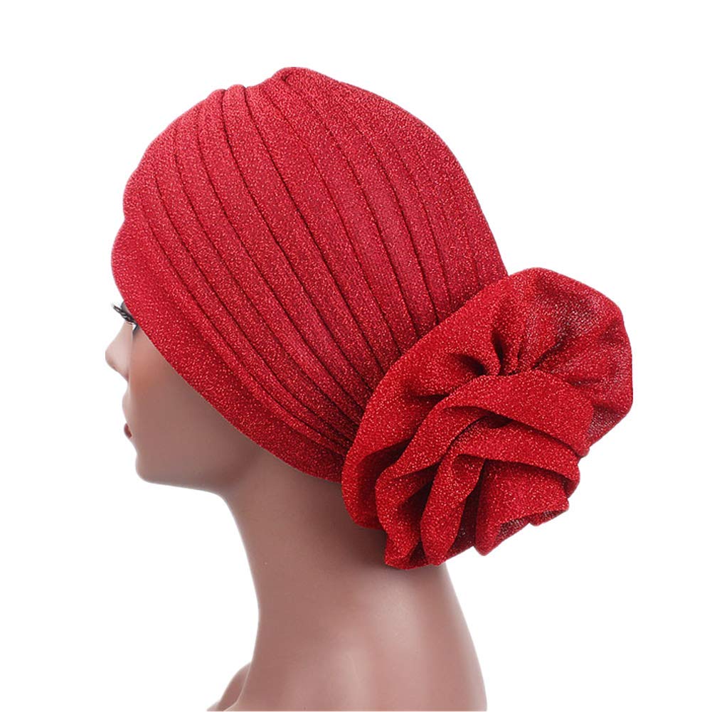 Fxhixiy Women Elastic Glitter Big Flower Turban Beanie Head wrap Hair Loss Chemo Cap Hat (Red)
