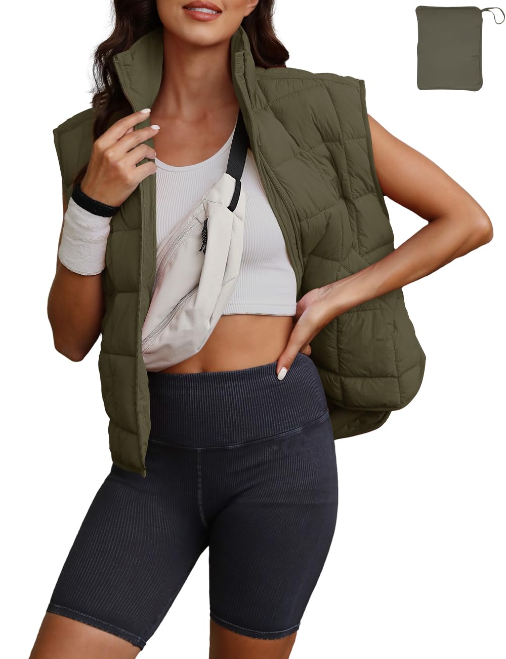 LAMISSCHE Womens Puffer Vest Winter Lightweight Quilted Jackets Sleeveless Zip Up Fall Outfits Puffy Running Coat(Army Green,XL)