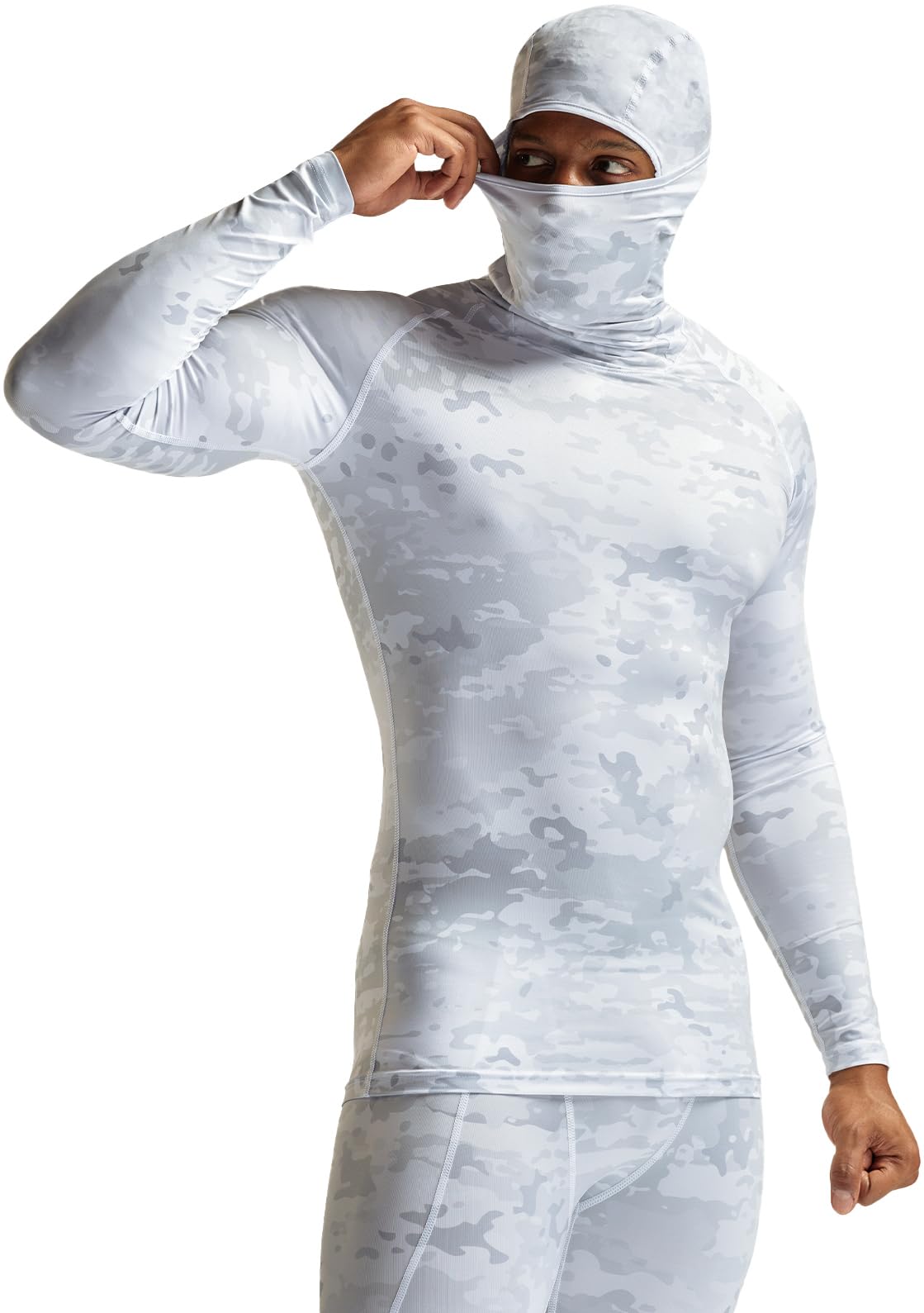 TSLA Men's Long Sleeve Workout Shirts Hoodie with Mask, UPF 50+ Cool Dry Fit Sports Compression Shirts, Hyper Control Print Winter Utility Camo, XX-Large