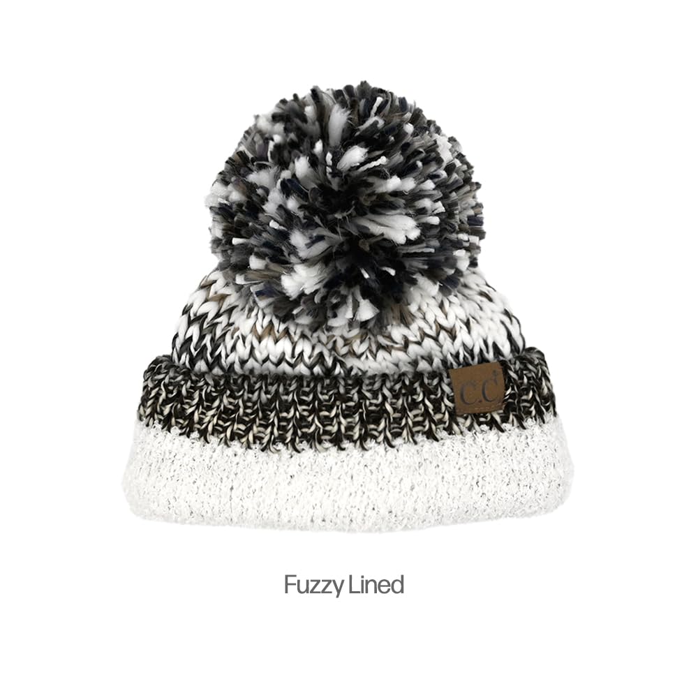 C.C Multi Color Yarn Beanie with Pom for Women Unisex - Acrylic Stretchable Soft Warm with Pom Knit Winter Skully Hat (Black/Grey Mix)