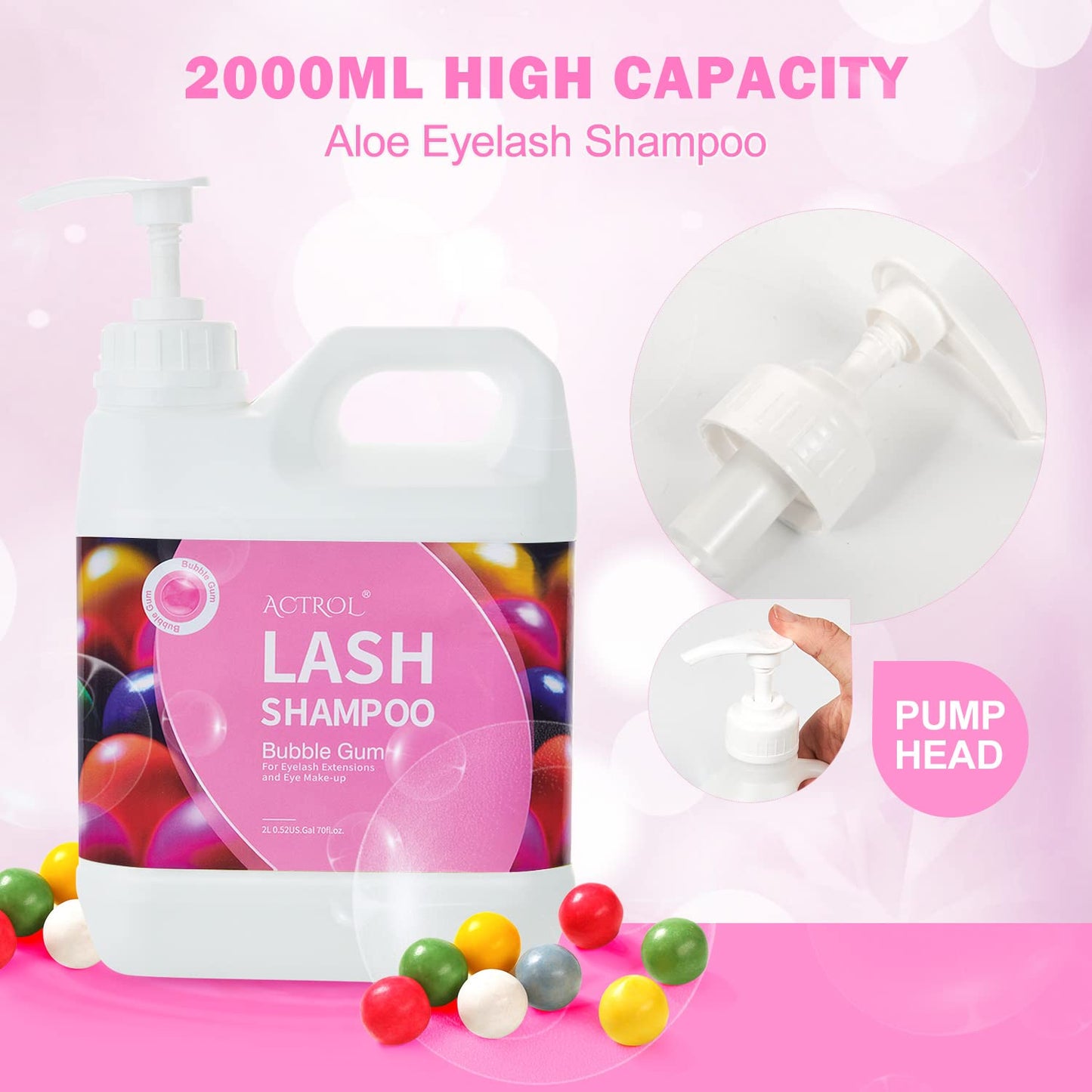 ACTROL Eyelash Extension Cleanser Bubble Gum 2L Natural Lash Extension Shampoo Professional Eyelid Foaming Cleanser Paraben & Sulfate Free Non-lrritating with Salon and Home Care