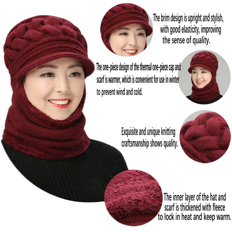 Womens Winter Warm Elastic Soft Ear Protection Knitted Scarf Mask hat Fleece Lined Beanie Hat one-Piece hat