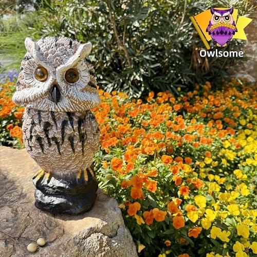 Owlsome Solar Tiger Owl with Flashing Eyes, Rotating Head, Hoot Sound, Motion Detector and Silent Mode, Plastic Owl Garden Sculpture, Garden Decoration