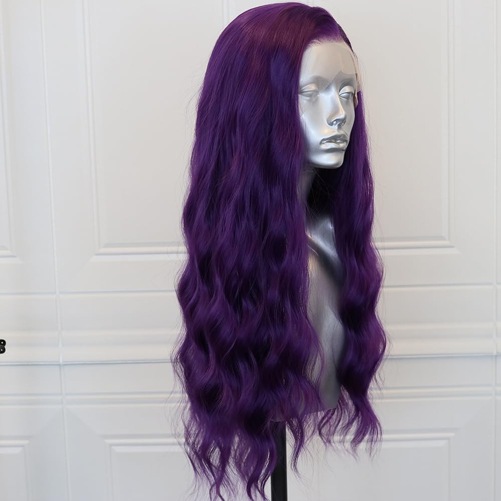 ELESTY Long Wavy Purple Synthetic Lace Front Wigs for Women Free Part Dark Purple Glueless Wig 24 inch Natural Curly Synthetic Wig Heat Resistant Fiber Hair Wigs for Daily Party Use