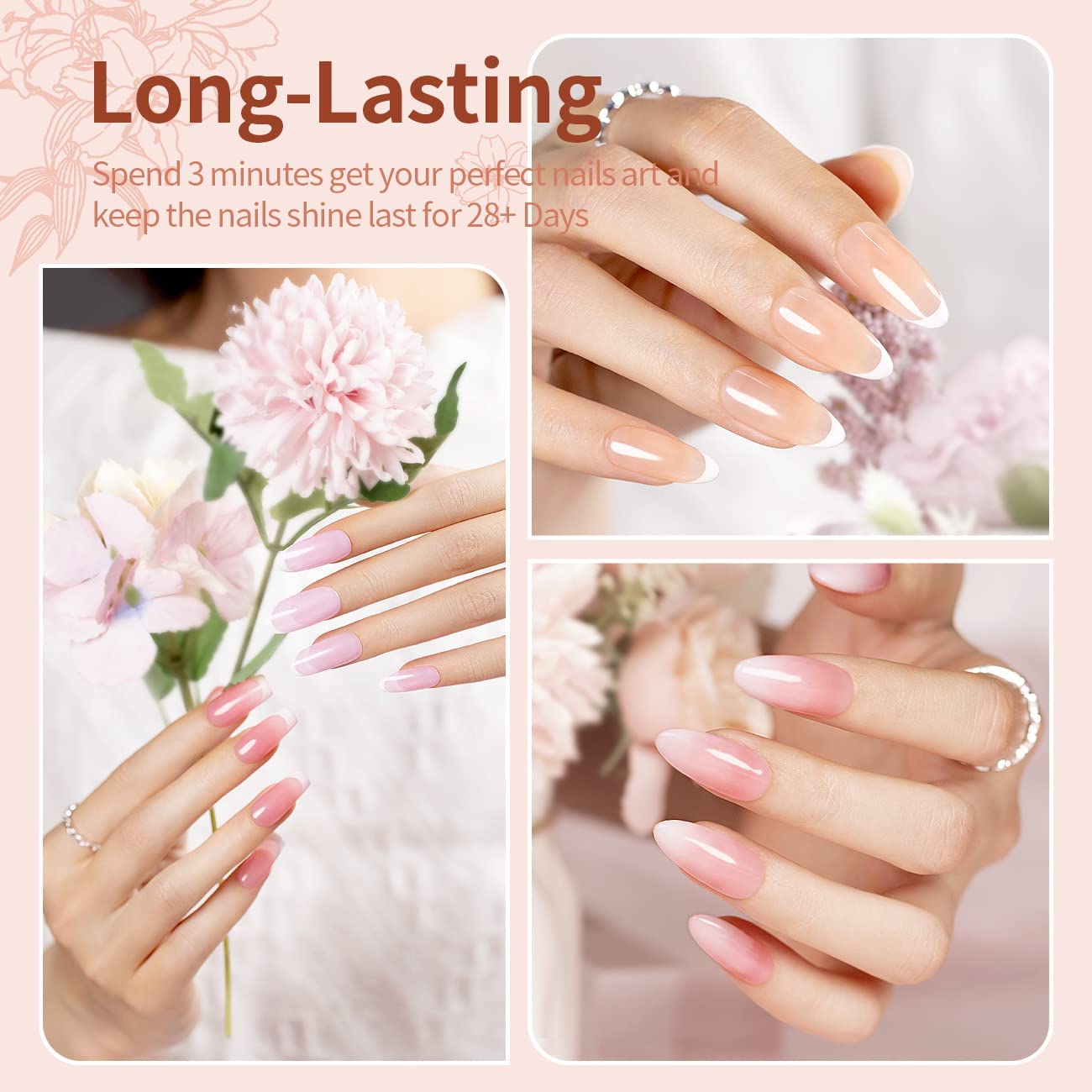 RARJSM Nude Gel Polish for French Manicure,Sheer Jelly Pink Gel Nail Polish Set of 6 Transparent Colors Clear Light Brown Pure White Neutral Nail Varnish LED UV Curing Requires 7.5ml for Home Salon