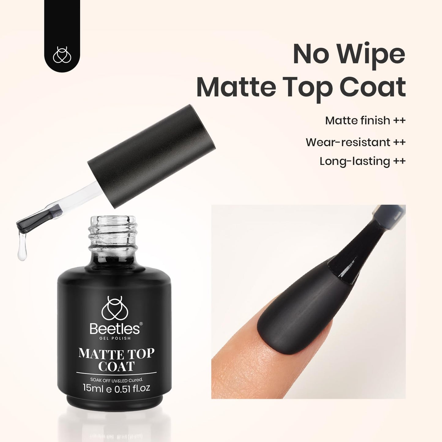 Beetles Matte Gel Top Coat for Gel Nail Polish,15ML Chrome Proof Matte Top Coat No Wipe Powder-Resist Matte Finish for Detail Chrome Powder Painting and Long Lasting Gift Set for Women