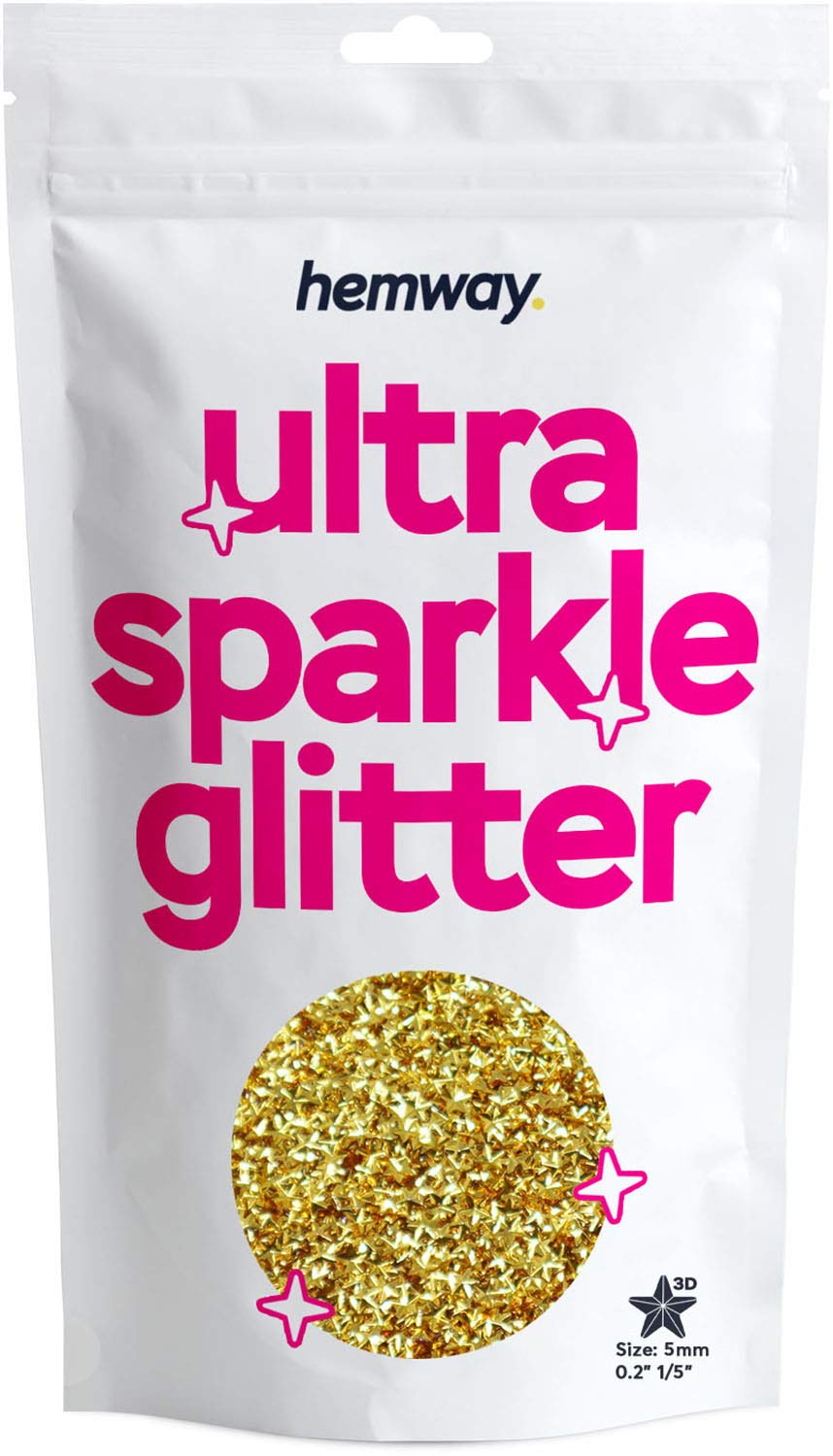 Hemway Ultra Sparkle Glitter - 1/5" 0.2" 5mm - 3-D Embossed Star Shaped Glitter Sequin for Decoration, Scrapbook, Arts, Craft, Design, Nail and Cosmetics - Gold - 50g