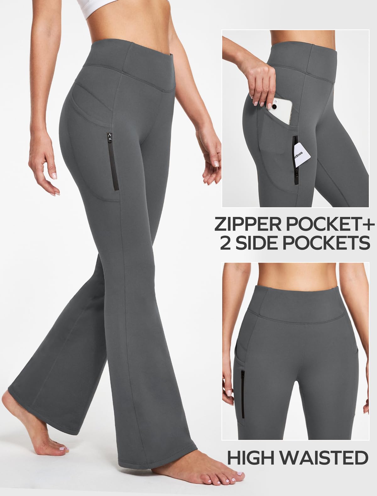 Ewedoos Fleece Lined Yoga Pants with Pockets Water Resistant Hiking Pants Women High Waist Flare Leggings Winter Warm Pants Grey