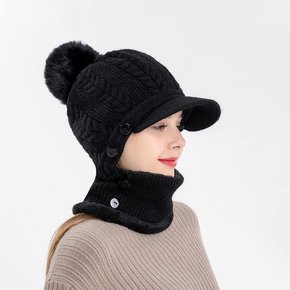 Winter Hats Warm Face Mask Cap One-Piece Scarf Mask Set Knitted Warm Bib Beanie Hat, Knitted Hat, Caps with Visor, Black