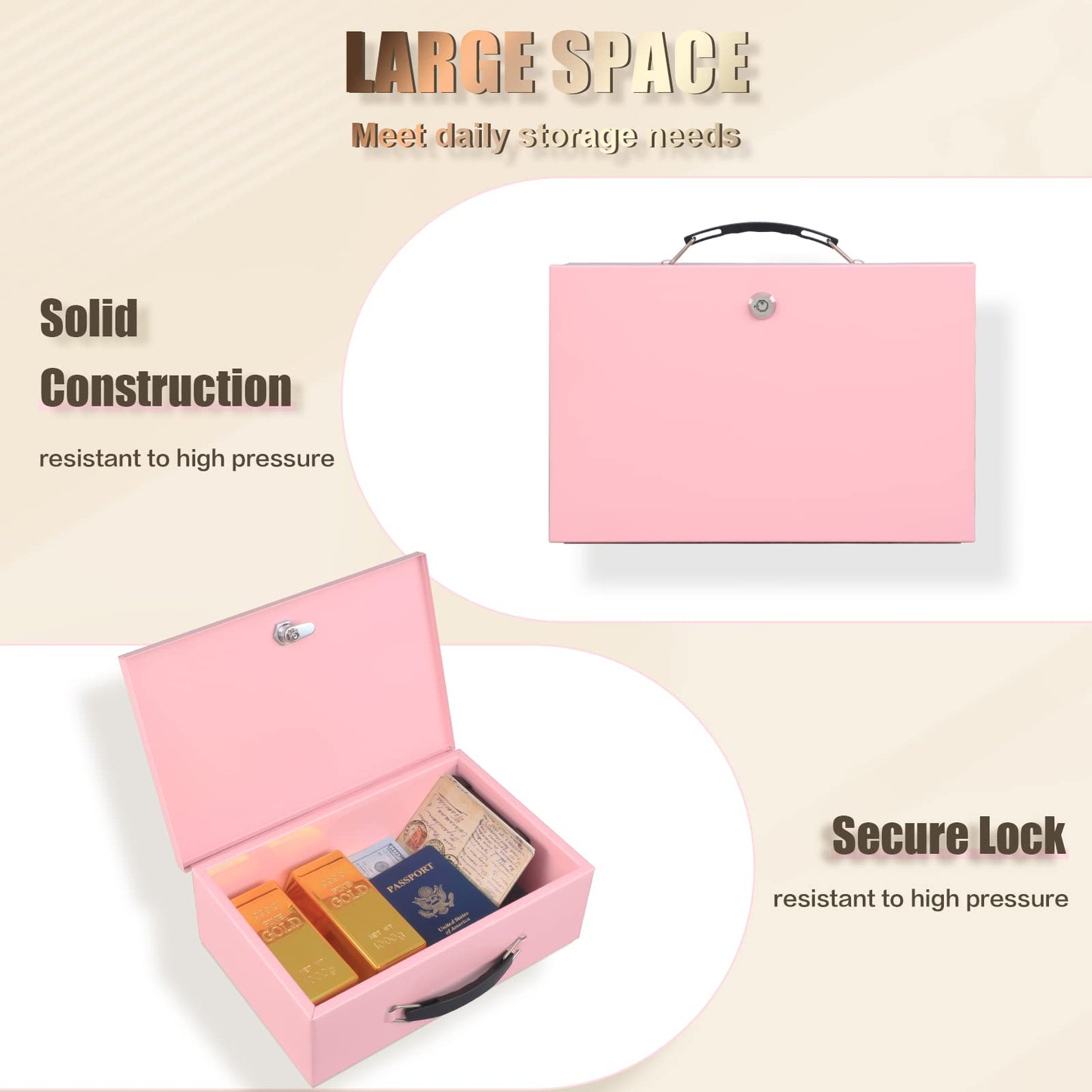 xydled Fire Resistant Safe Fire Safe Box with Key Lock for Home Office Security Storage for Valuables Documents,12.8 x 8.5 x 4.5 Inch,Pink
