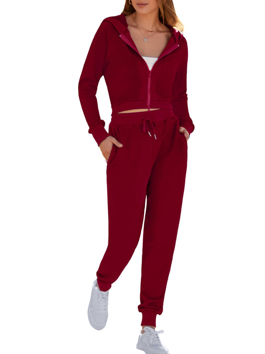 MASCOMODA Jogger Sets for Women 2 Piece Lounge Set 2024 Fall Winter Matching Set Long Sleeve Hooded Zip Tops and Long Pants(Wine Red,Small)