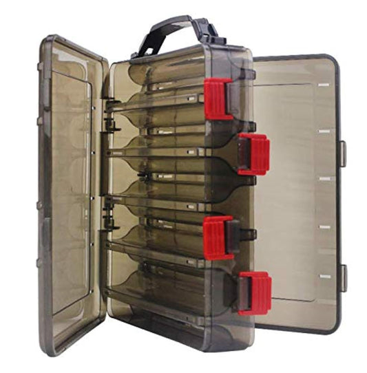 Double-Sided Fishing Lure Hook Tackle Box Visible Hard Plastic Clear Fishing Lure Bait Squid Jig Minnows Hooks Accessory Storage Case Container (Brown-10 Slots)