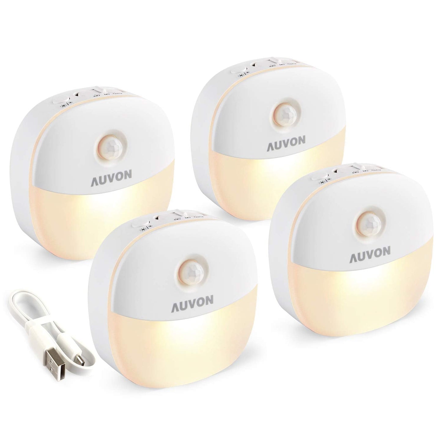AUVON Rechargeable Battery Night Light, Mini with Motion Sensor, Warm White LED Stick-On Closet Light with Dusk to Dawn Sensor, Adjustable Brightness for Wall, Stairs, Hallway, Cabinet (4 Pack)