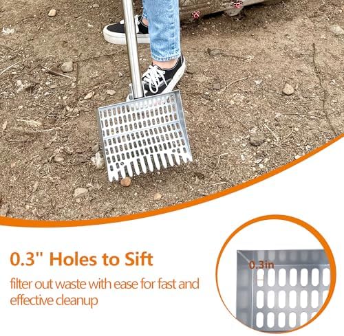 Chicken Poop Scooper Sturdy Spring Steel Chicken Coop Scoop Heavy Duty 38 to 66" Adjustable Sifting Shovel for Chicken Coop with Long Stainless Steel and Rubber Handle