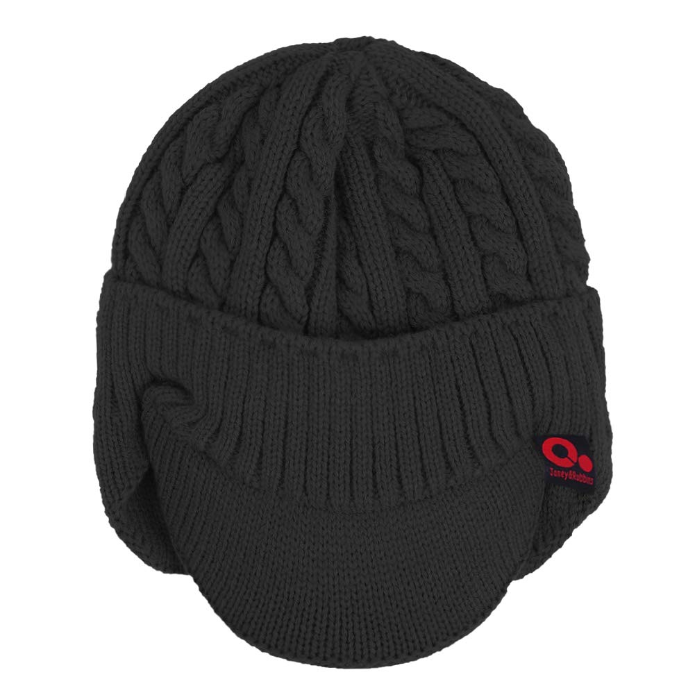 Women's Winter Cable Knitted Visor Beanie Fleece Lining Ear Flap Baseball Cap Hunting Trapper Hat with Billed (Black), One Size-Medium