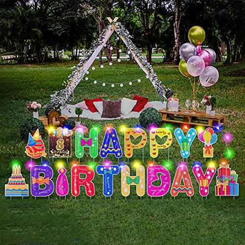 HOMENOTE 18Pcs Happy Birthday Yard Signs with Stakes 16”Large Size,LED Lights 2 x 5 m and Personalized Signs, Birthday Letters for Yard Lawn Outdoor Decoration Party Supplies