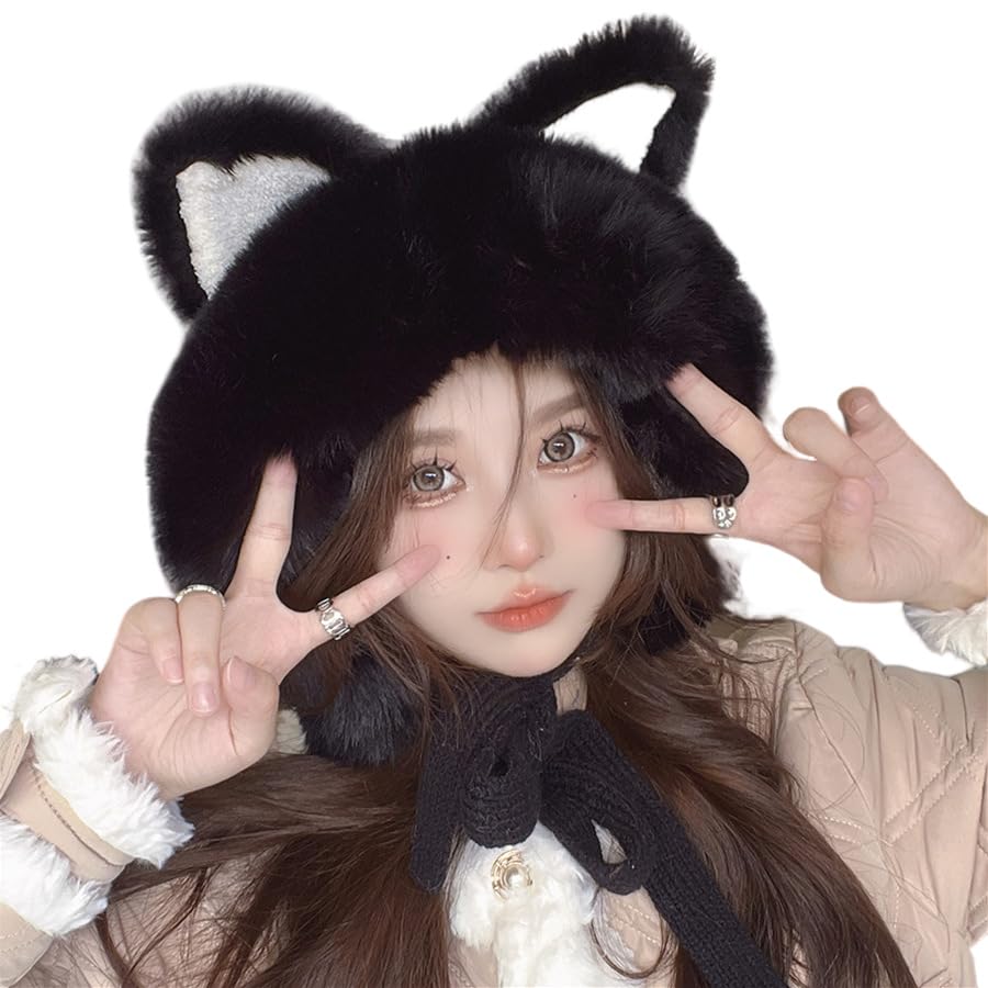 Winter Cute Faux Fur Beanie Hat Women Fox Cat Ear Furry Bucket Hat Cover with Earflap Pompom Russian Warm Plush Trapper Hat Black