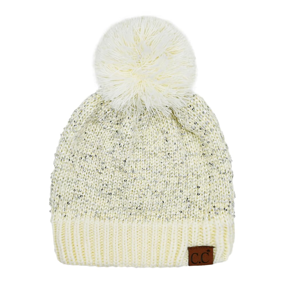 C.C Sequin Pom Beanie for Women - Acrylic Stretchable Soft Warm with Pom Knit Winter Skully Hat (Ivory/Silver)