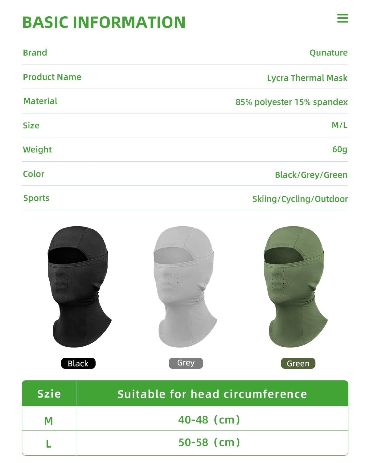 QUNATURE Balaclava Ski mask Winter Face Mask for Men & Women Windproof Fleece Thermal Ski Mask Breathable Neck Warmer Green