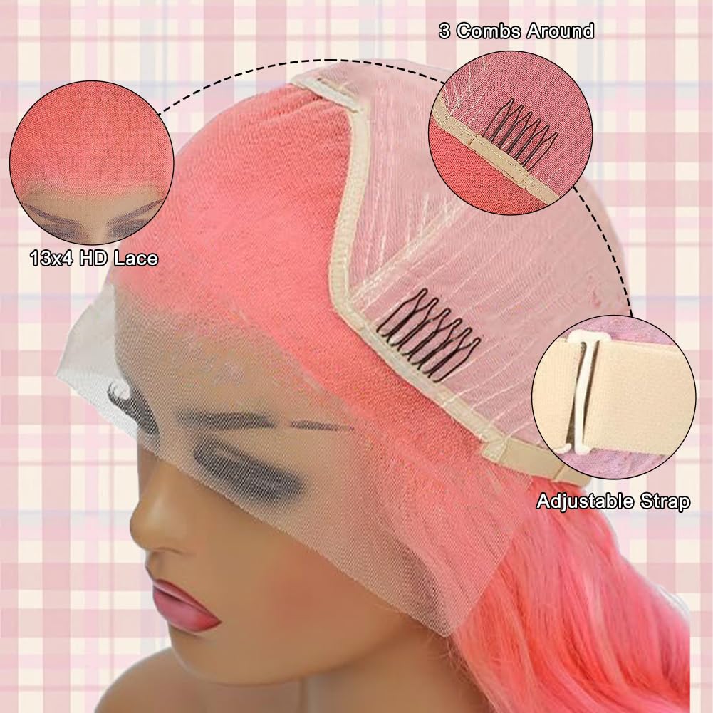 MUGOHK Pink Bob Wig Human Hair 14 Inch 13x4 Cotton Candy Pink Straight HD Lace Frontal Wig Human Hair Pre Plucked with Baby Hair Bubblegum Pink Lace Closure Human Hair Wig 150 Density for Women
