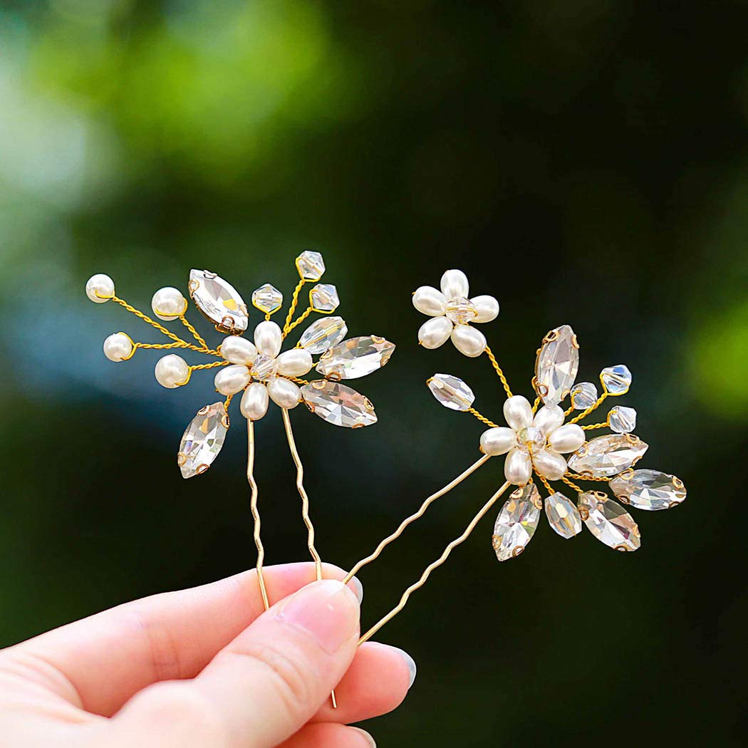 JAKAWIN Bride Wedding Pearl Hair Pins Rhinestone Flower Hair Piece Dressy Bridal Hair Accessories for Women HP065 (Gold)