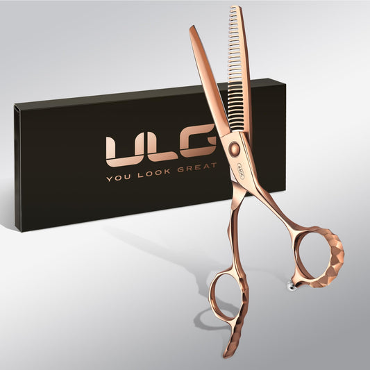 ULG Professional Seamless Hair Thinning Scissors Luxury 18K Rose Gold Coated 6.5" Barber Scissors 440C Japanese Stainless Steel Hand-Honed Convex Blades Offset Handles Tension Adjustable, Right-Handed