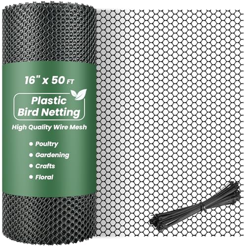 16IN x 50FT Plastic Chicken Wire Mesh, Chicken Wire for Floral Arrangements, Chicken Wire Mesh for Crafts with 100 Pcs Zip Ties, Mesh Fence for Dogs, Deers, Poultry