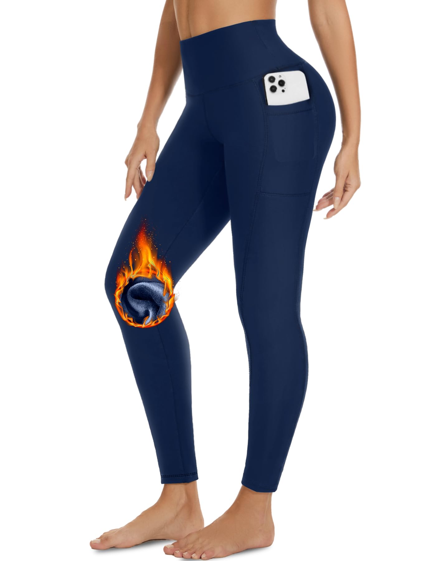 FULLSOFT Fleece Lined Leggings with Pockets for Women-Thermal High Waist Stretchy Yoga Pants for Winter Workout(L,Navy Blue)