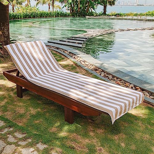 Arkwright California Chaise Lounge Cover - Pack of 2 - Striped Soft Cotton Cabana Towel with Pocket Holder for Beach Pool Outdoor Chair, 30 x 85 in., Beige