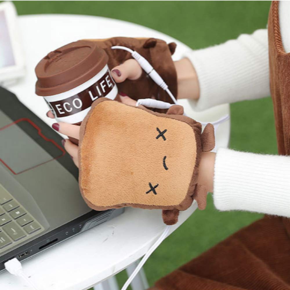 USB Hand Warmers Cute USB Heating Gloves Half Wearable Fingerless 5V USB Powered Heated Hand Warmer Gloves with Gift Box for Women and Children Winter Fashion (Brown)