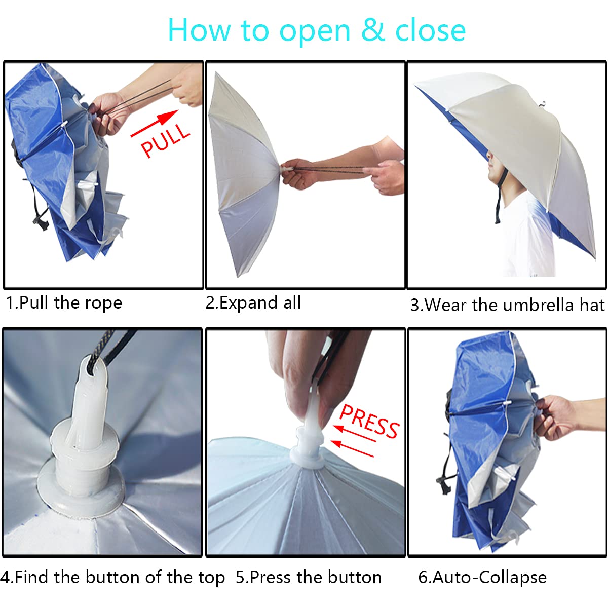 Bocampty Umbrella Hat, 37 inch Fishing Umbrella Hat Hands Free Foldable UV Protection Umbrella Cap Adjustable Headwear for Fishing Golf Gardening Sunshade Outdoor Navy Blue