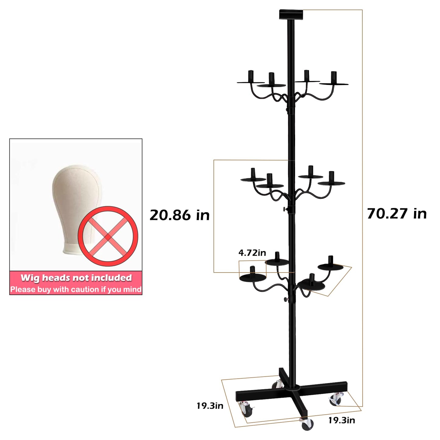 Lhysn Wig Head Stand for Styling 12-Head Wig Holder for Multiple Wigs Display Mannequin Head Stand Tripod Metal Wig Organizer Storage Rack Black- Patent Protected