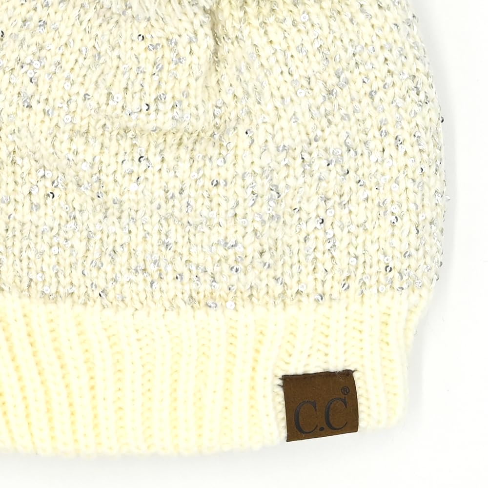 C.C Sequin Pom Beanie for Women - Acrylic Stretchable Soft Warm with Pom Knit Winter Skully Hat (Ivory/Silver)