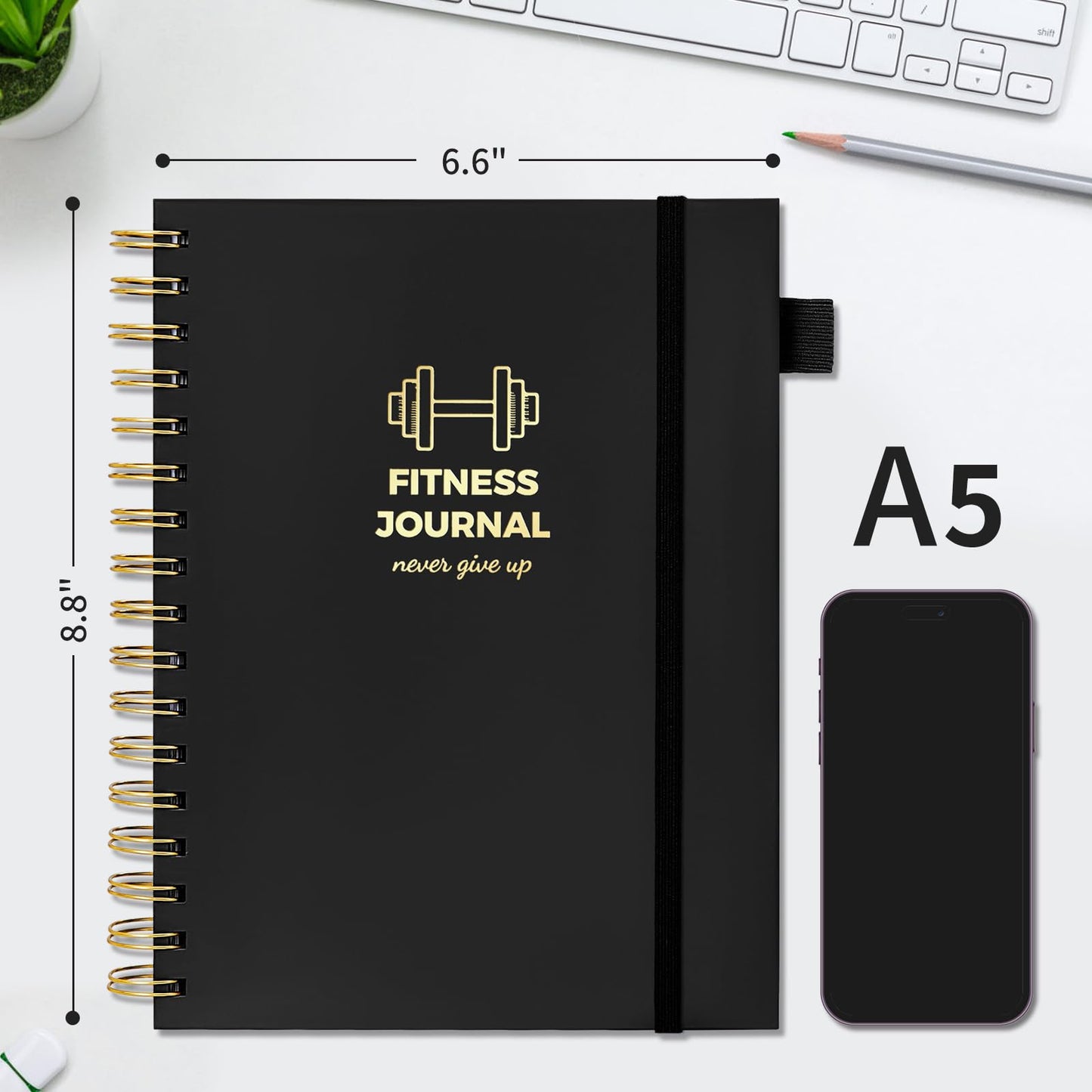 Fitness Journal for Women and Men, 8.8" x 6.6", Workout Log Sprial Book Planner for Tracking Progress and Achieving Your Wellness Goals, Black