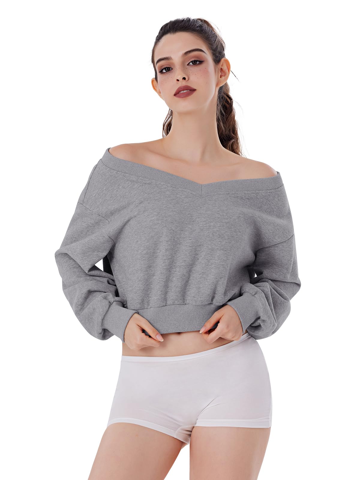 REORIA Womens Cropped Oversized Sweatshirts V Neck Long Sleeve Pullover 2024 Fall Teen Girls Y2K Fashion Crop Tops Grey
