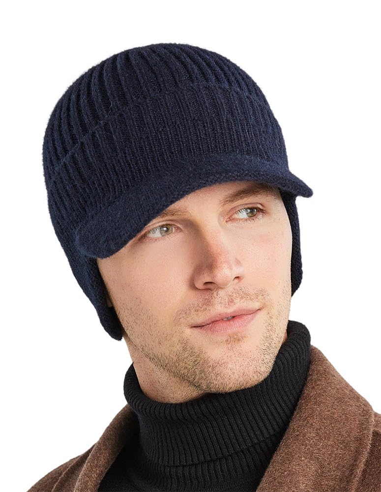 MINAKOLIFE Men's Winter Visor Beanie Hat with Earflaps Knit Baseball Cap with Brim Ski Hat Warm Fleece Lined Hunting Hat (Beige)