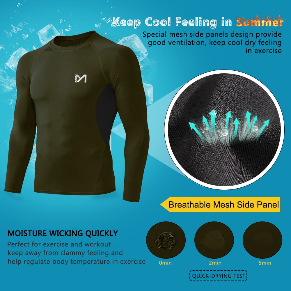 MEETYOO Men's Compression Long Sleeve Athletic Workout Shirt, Green, X-Large