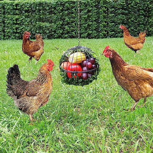 Hanging Chicken Feeder - 7.1 Inch Large Iron Chicken Veggie Treat Ball - Sturdy Chicken Treat Holder with 15.7 Inch Hanging Chain - Black