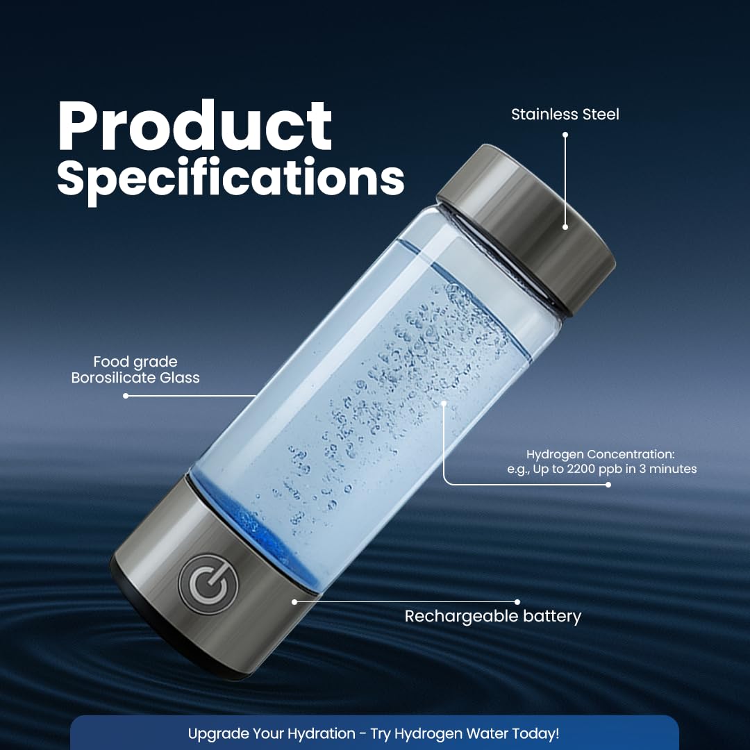 2025 New Glass Hydrogen Water Bottle Generator, 14oz/420ml with 2200ppb in 3 min SPE/PEM Technology, Portable H₂ Maker Water ionizer Machine for Home, Office & Travel, Rechargeable