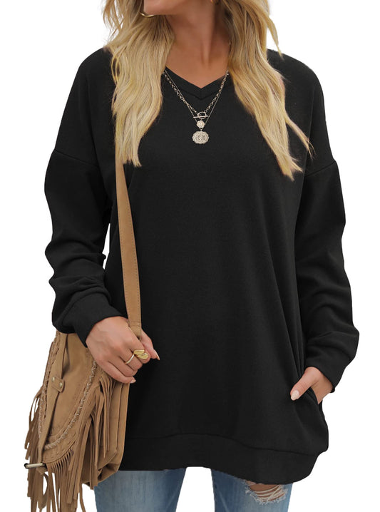 OFEEFAN Black Sweatshirt Plus Size Tops for Women V Neck Winter Long Sweater 3XL