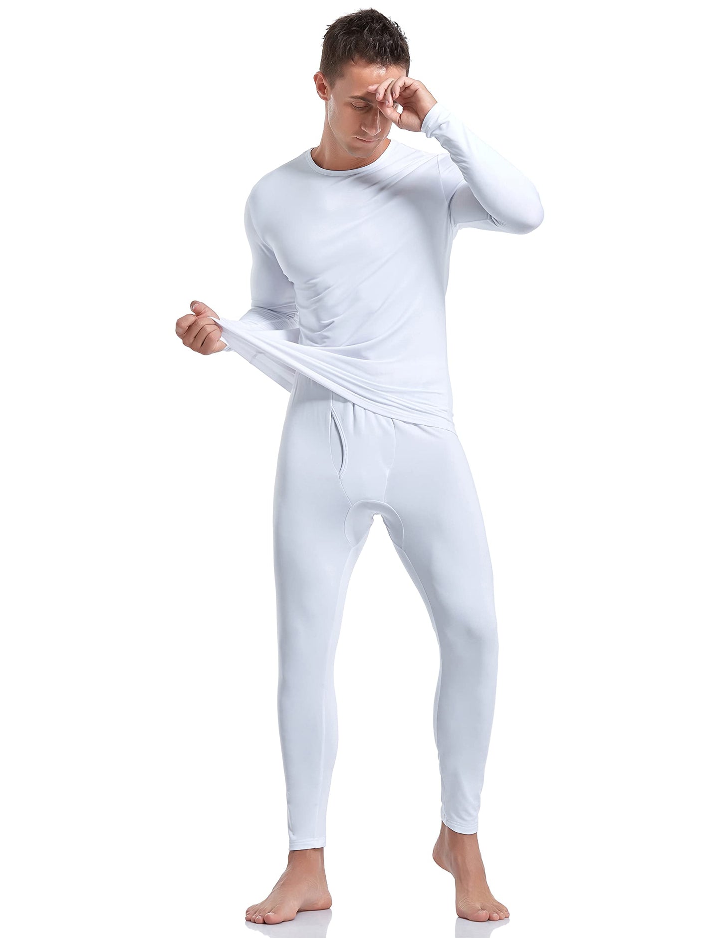 Coreal Mens Underwear Soft Thermal Wear for Men, Crew Neck Long Johns Base Layer with Fleece Lined Top & Bottom Set White Small