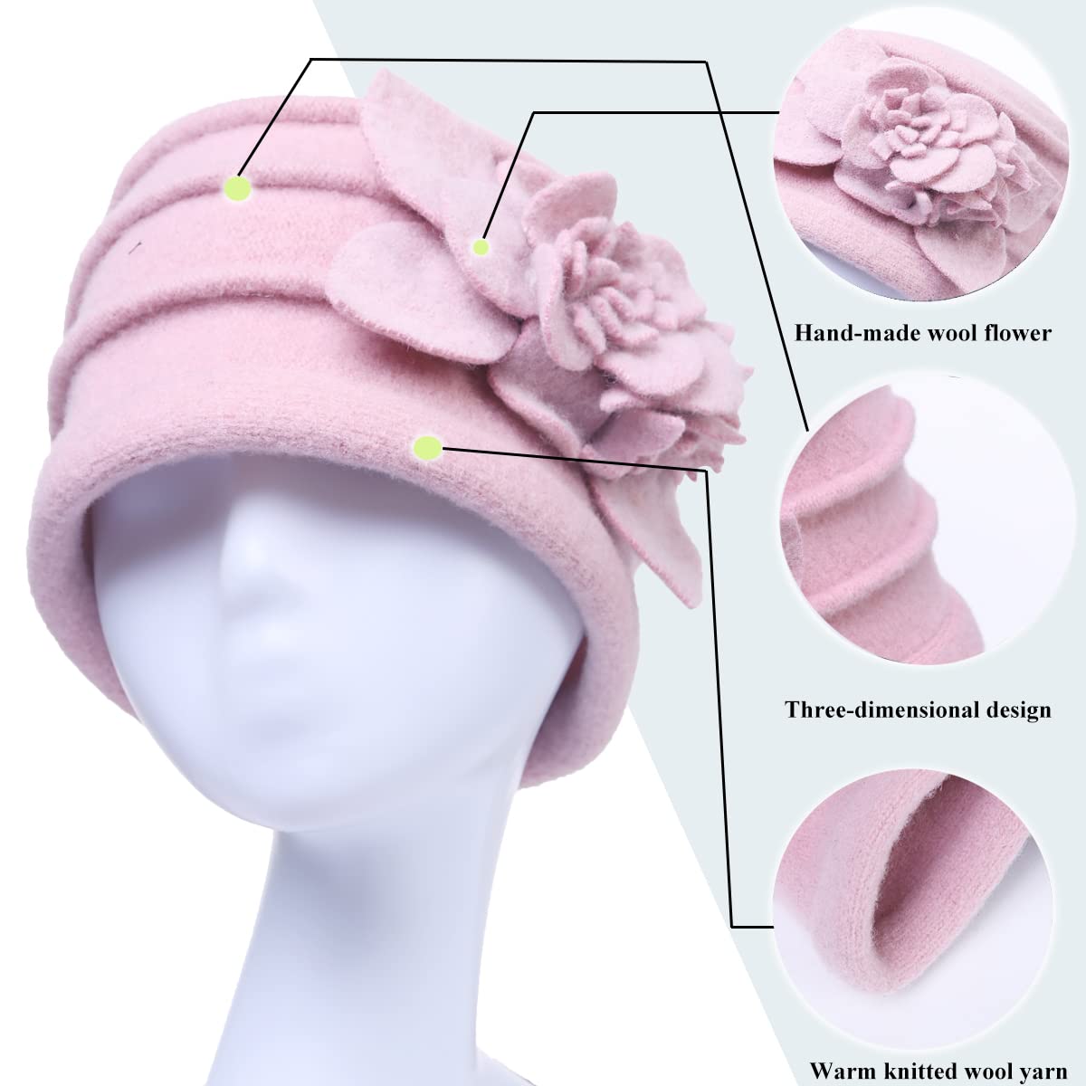 Vintage Women Floral Wool Dress Cloche Winter Hat 1920s (C022-D-Pink)