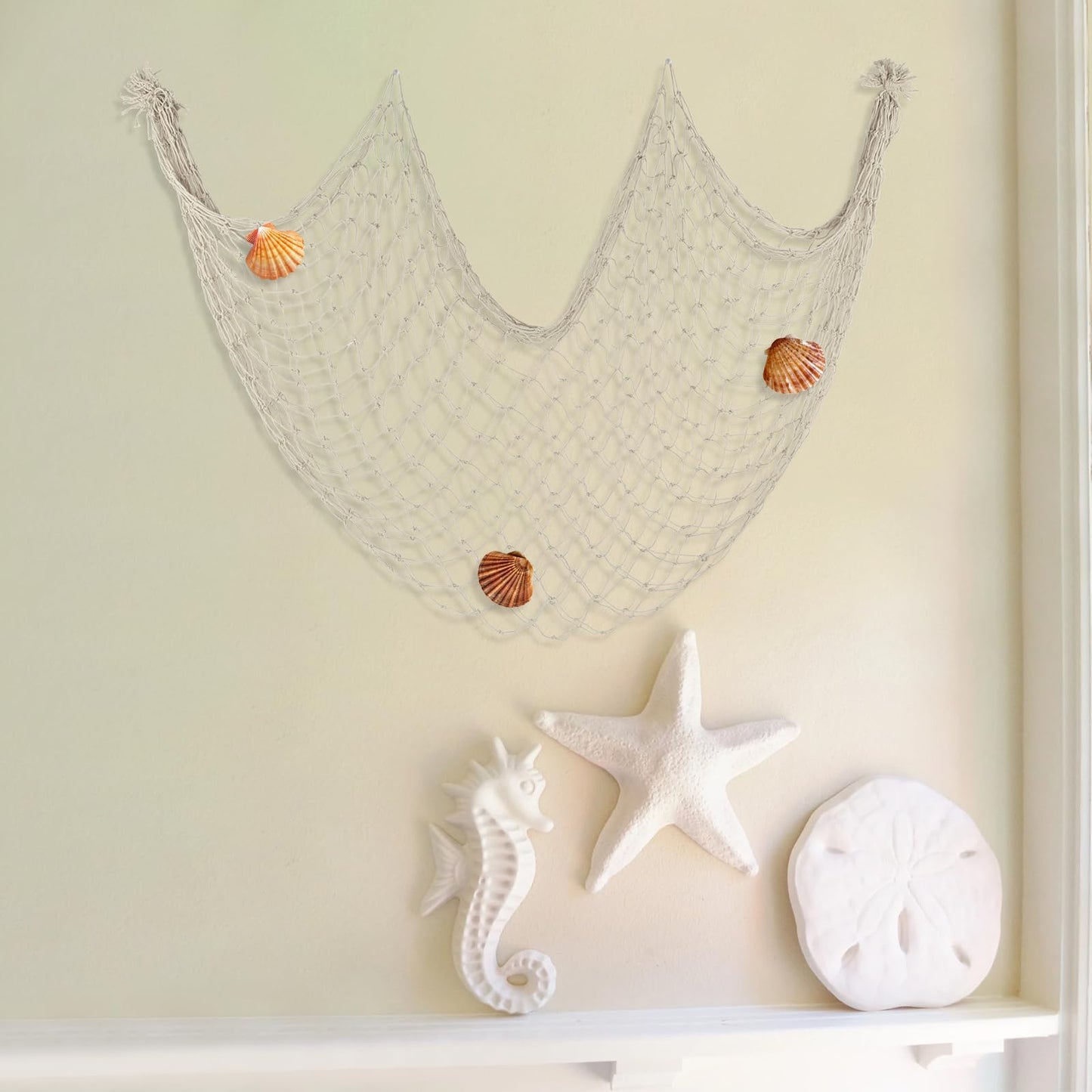 Decorative Fishing Net 80x40 Inch,YuanDe 2 Pack Large Beige Picture Fish Net, Wall Photo Hanging Fishnet for Nautical Mermaid Pirate Ocean Themed Hawaii Beach Under The Sea Party Decorations